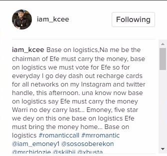 Kcee gives out recharge cards to fans to vote for Big Brother Naija Efe 