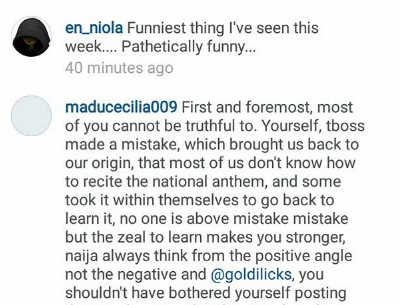 Big Brother Naija Tboss sister, Wendy recites national anthem