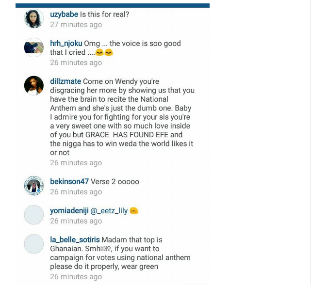 Big Brother Naija Tboss sister, Wendy recites national anthem