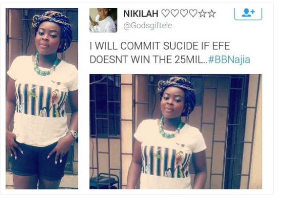 Nigerian lady says she will commit suicide if Efe doesn't win Big Brother Naija N25m