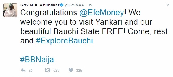 Bauchi State Governor, Abubakar invites BBNaija Efe to Yankari