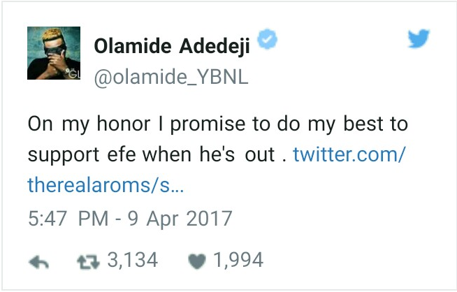 Olamide promises to support BBNaija Efe in music