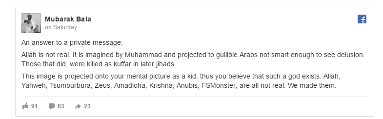 Allah is fake, no god exists, Nigerian man, Mubarak