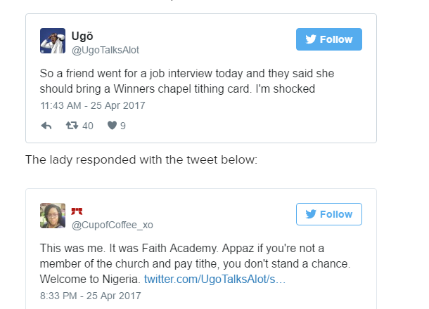 Lady asked to submit her 'tithe card' during employment process in Faith Academy