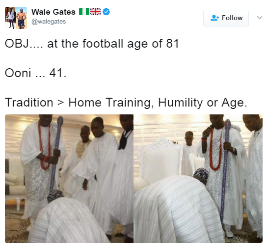 Commotion as Obasanjo prostrates for Ooni of Ife