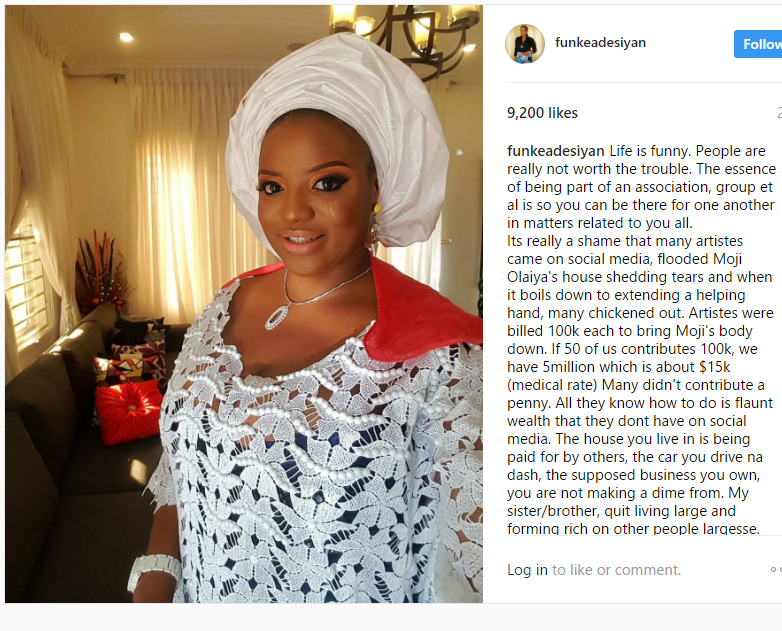 Funke Adesiyan mocks 'living large' colleagues for not donating towards Moji Olaiya’s burial
