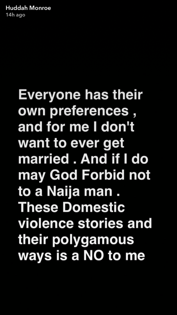 BBA Star, Huddah Monroe says 'God forbids I marry a Naija man